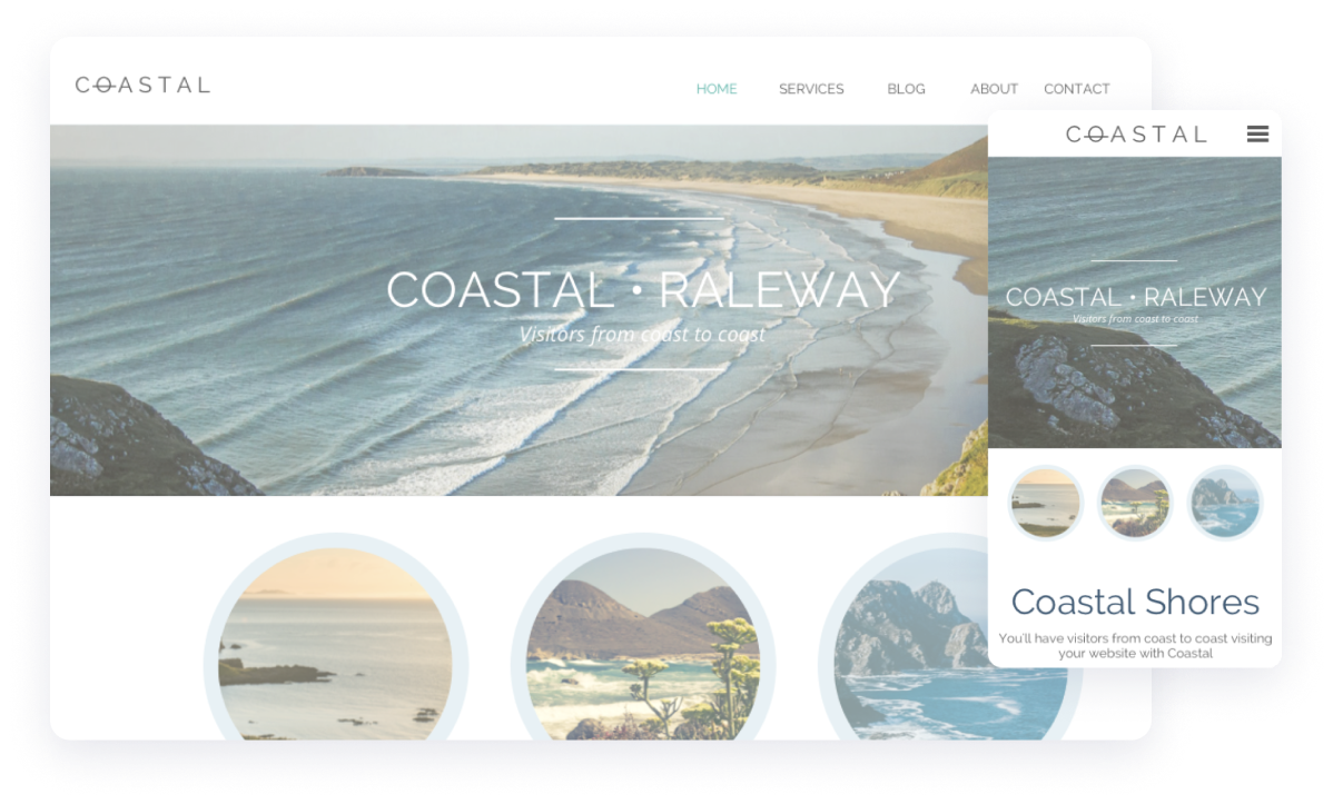 coastal website template with a large image of a beach with multiple circular images of different coastlines and the mobile version