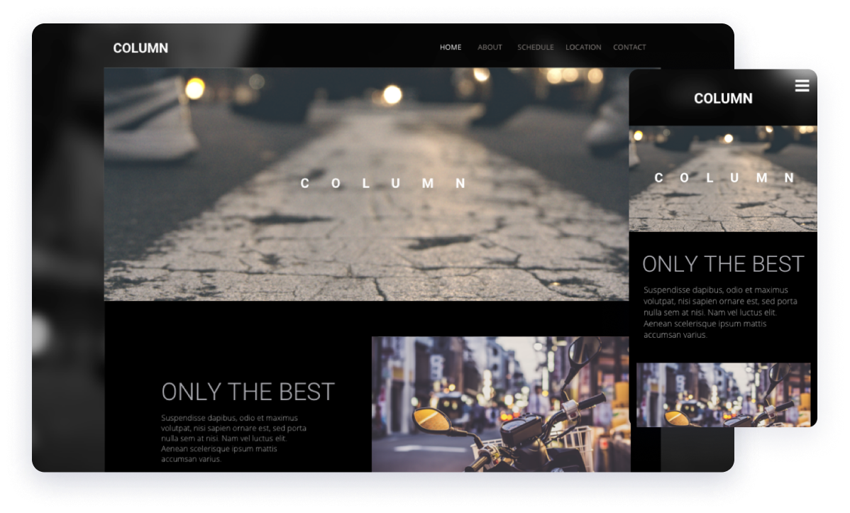 column website template with large header image of a line on pavement used for news and article columns and the mobile version