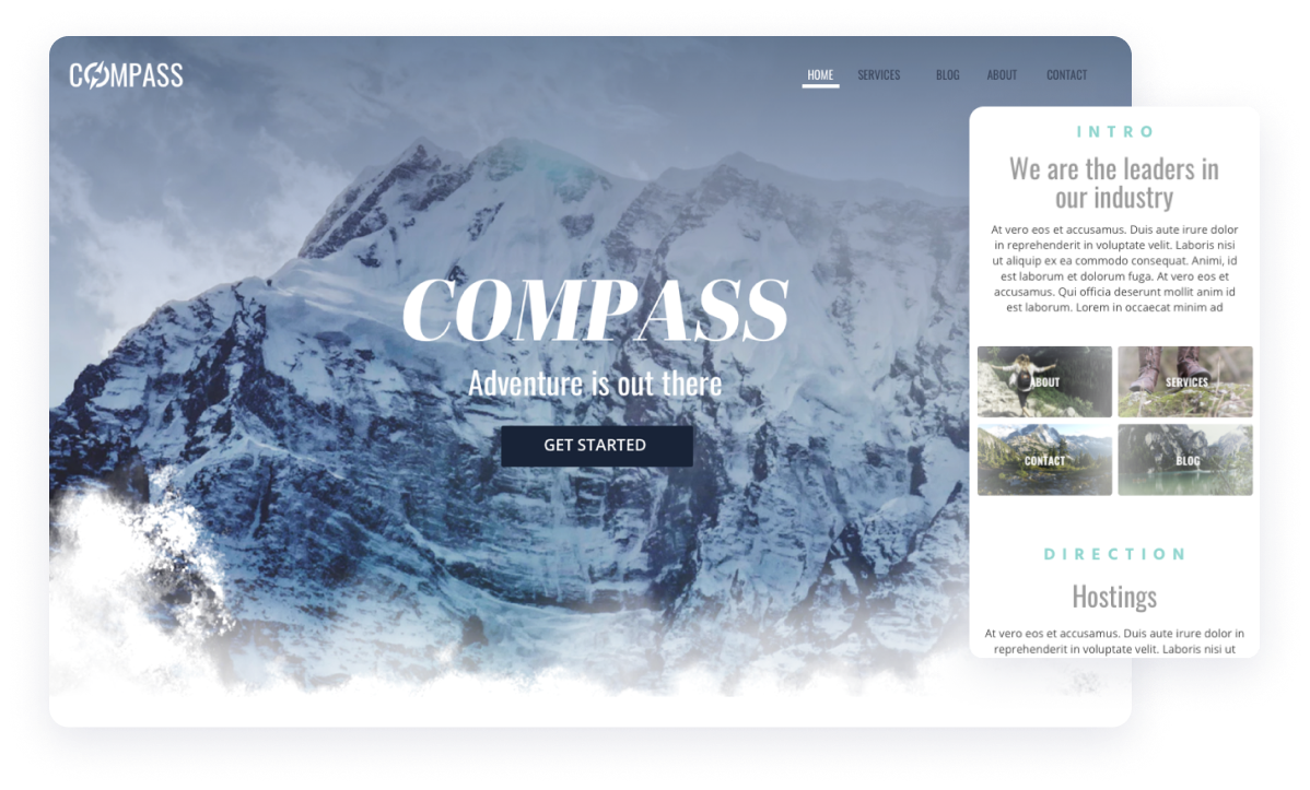 compass website template using beautiful mountain range header image with a clean minimal design and the mobile version