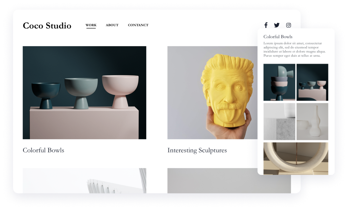 creative workshop website template showing an art studio highlighting their bowl and sculpture art pieces and the mobile version