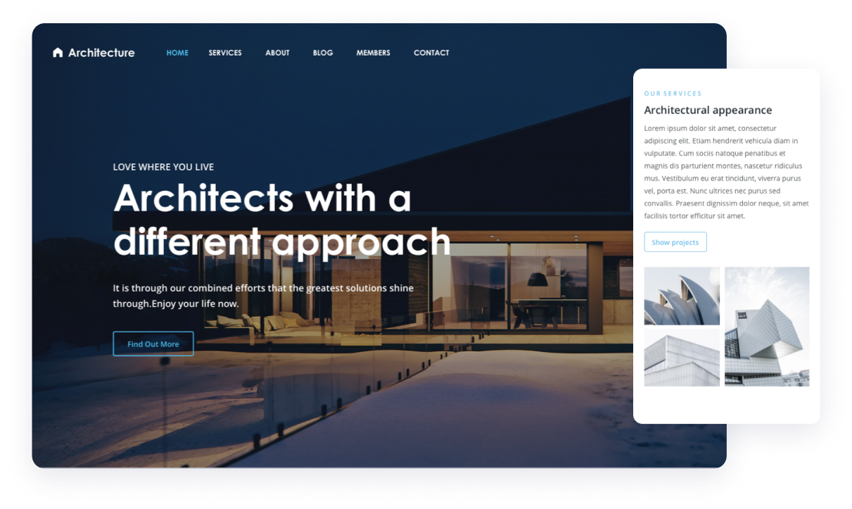 dream space website template used by architects displaying a modern house design on a stylish and sleek website layout and the mobile version