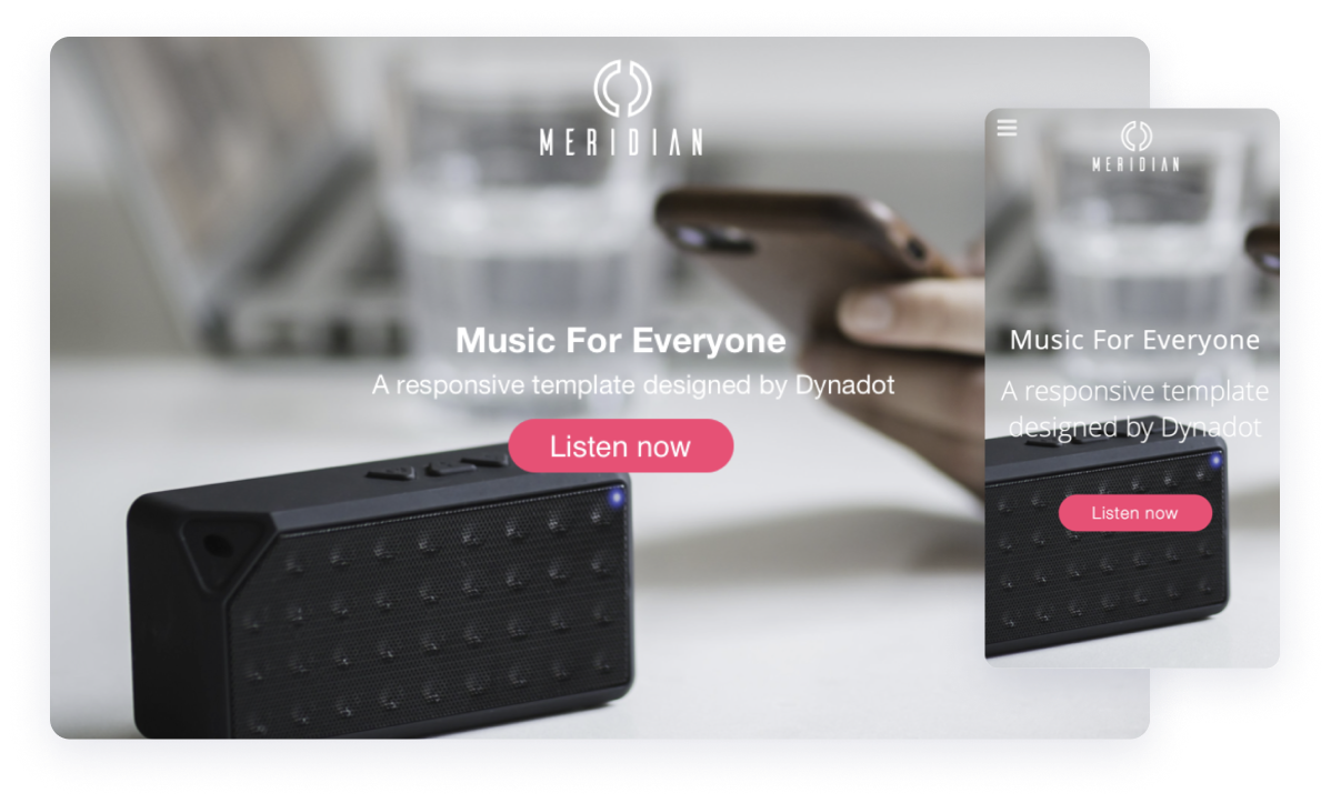 meridian website template with an image of a small speaker with a call to action for users to listen now and the mobile version