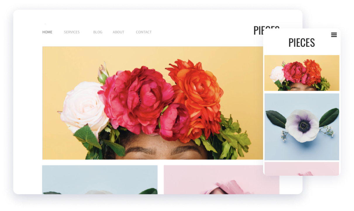 pieces website template showing users art pieces and image designs to build their website and the mobile version