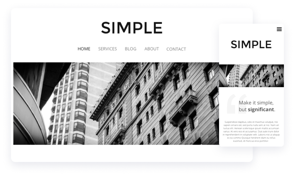 simple minimal website template design with a large navigation and a header image with buildings and the mobile version