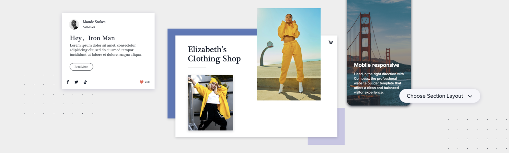 collage displaying tools from the dynadot website builder such as blog creation, mobile responsiveness and social media integration