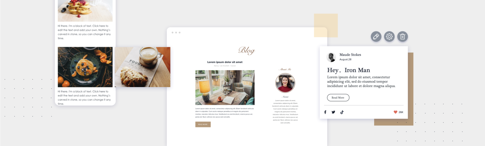 collage displaying tools from the dynadot website builder such as blog creation, mobile responsiveness and social media integration