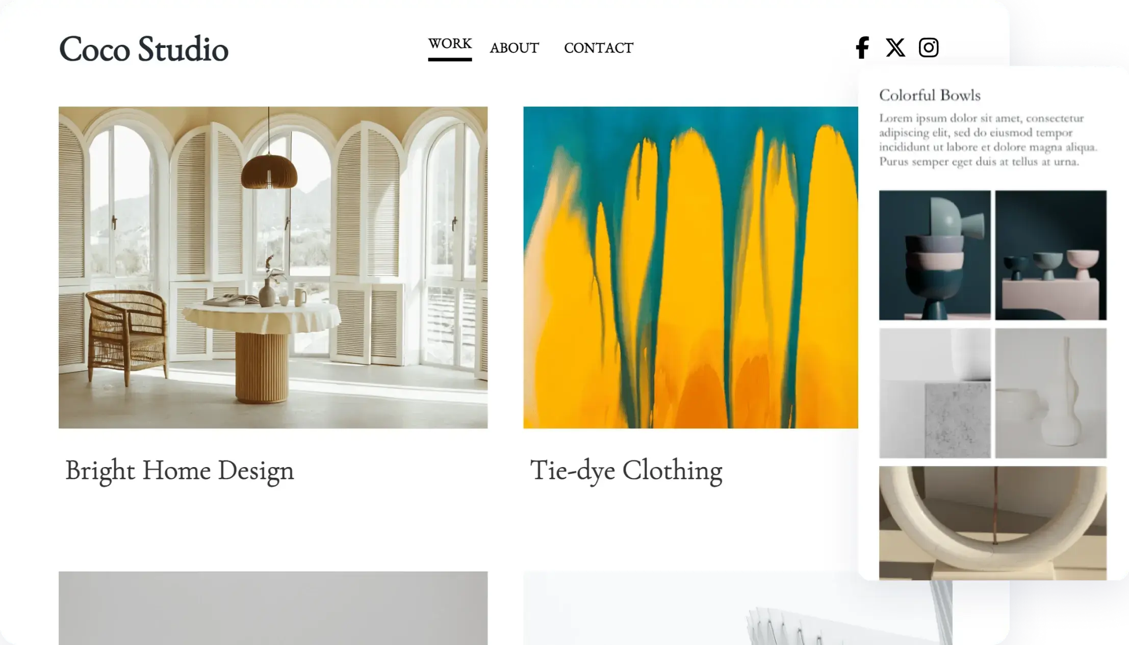 modello di sito web laboratorio creativo che mostra uno studio d'arte che mette in evidenza le loro opere d'arte in ciotole e sculture e la versione mobile