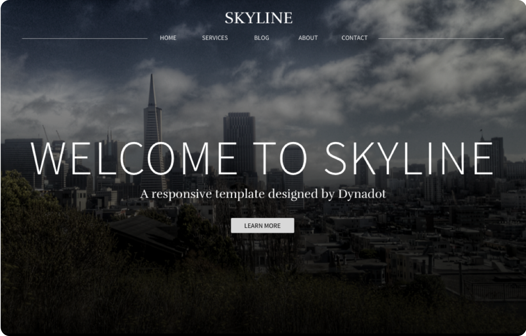 website template with beautiful image of a city skyline with large text welcoming users